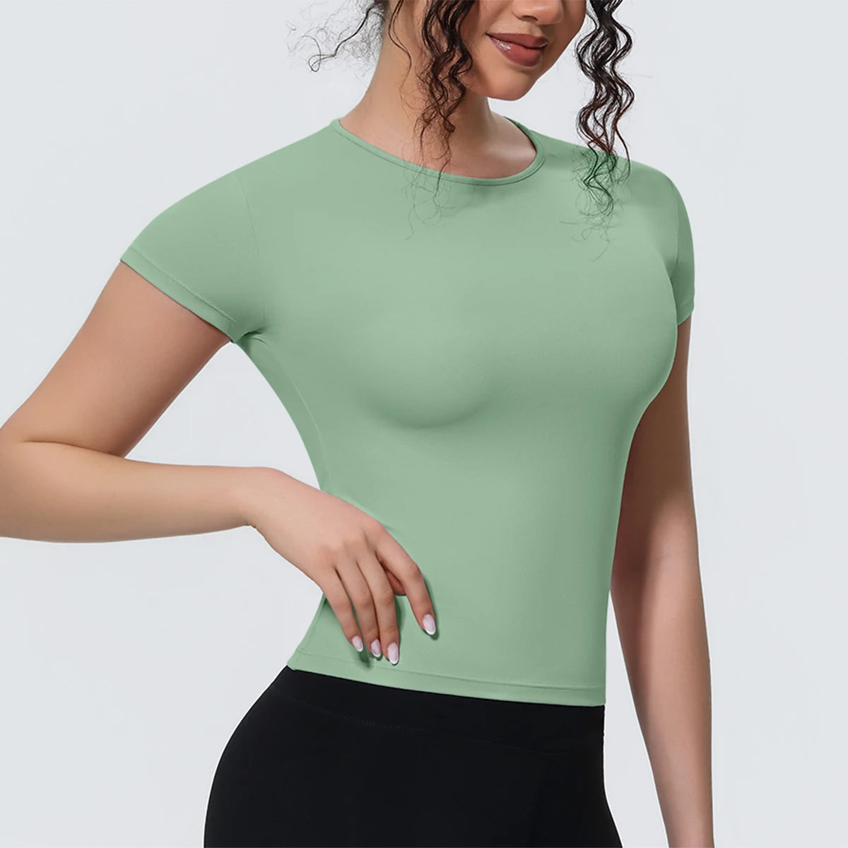 Damen Yoga-Shirt kurzarm, mintgrün, Rundhalsausschnitt, leichter Stretch-Look