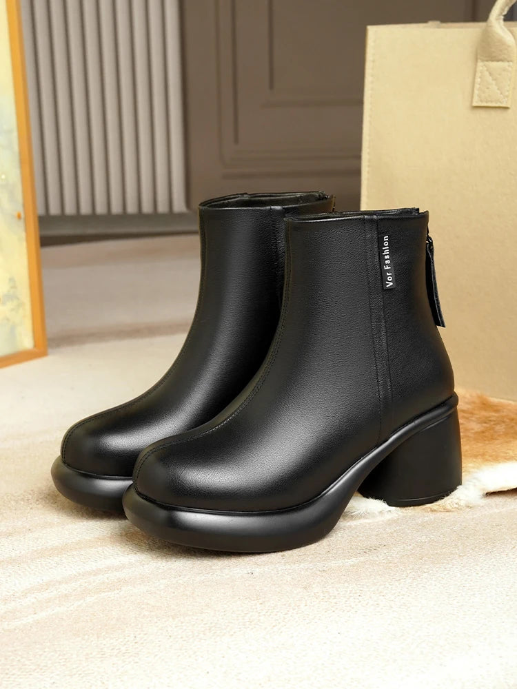AIYUQI Damen-Stiefeletten, schwarzes Leder, Blockabsatz und seitlicher Schaft