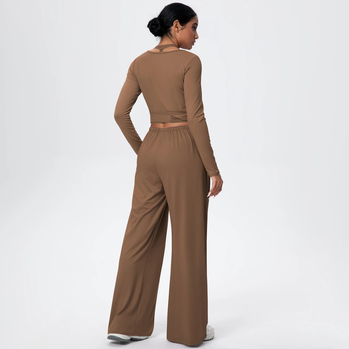 Hamidou Yoga-Set: Wickel-Top und Palazzo-Hose, braun (Rücken & Seite)