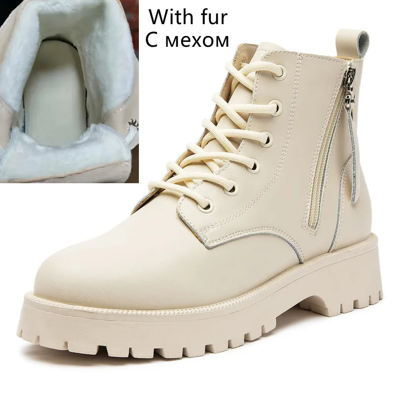 Beige Ankle-Boots aus Leder mit Fellkragen, Schnürung und doppelter Reißverschluss, Plattform