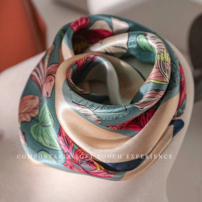 Damen Seidenschal 53cm quadratisch Blumenprint Luxus Halstuch Hijab Bandana