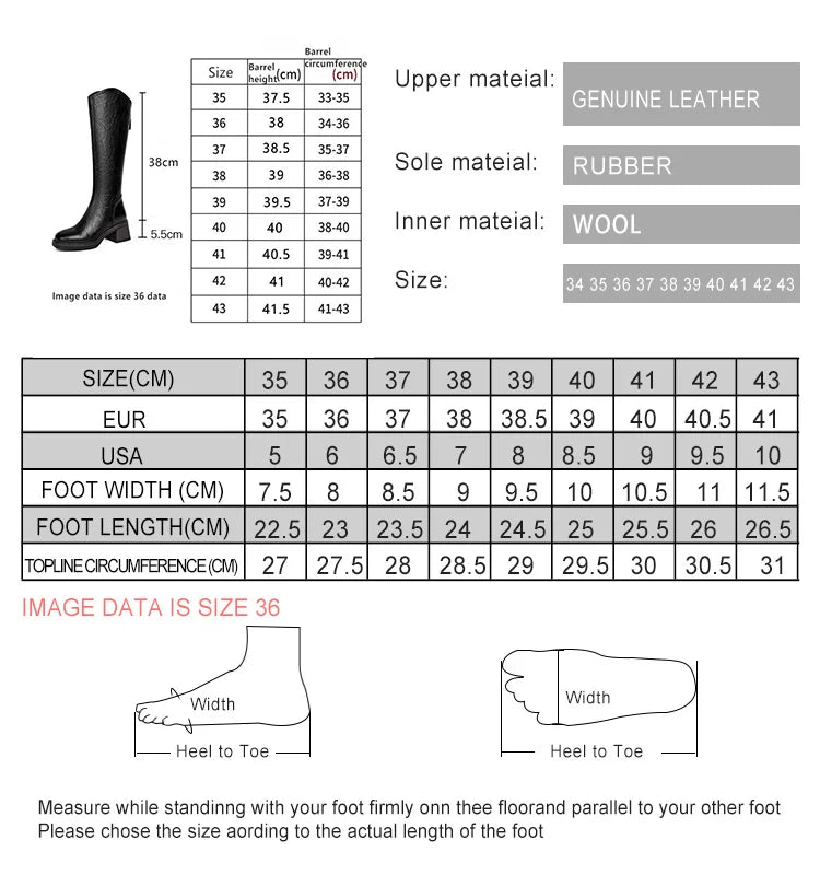 Women Winter Boots Genuine Leather Natural Wool Warm Female Knight Boots Square Toe Back Zipper Western Cowboy Boots Women