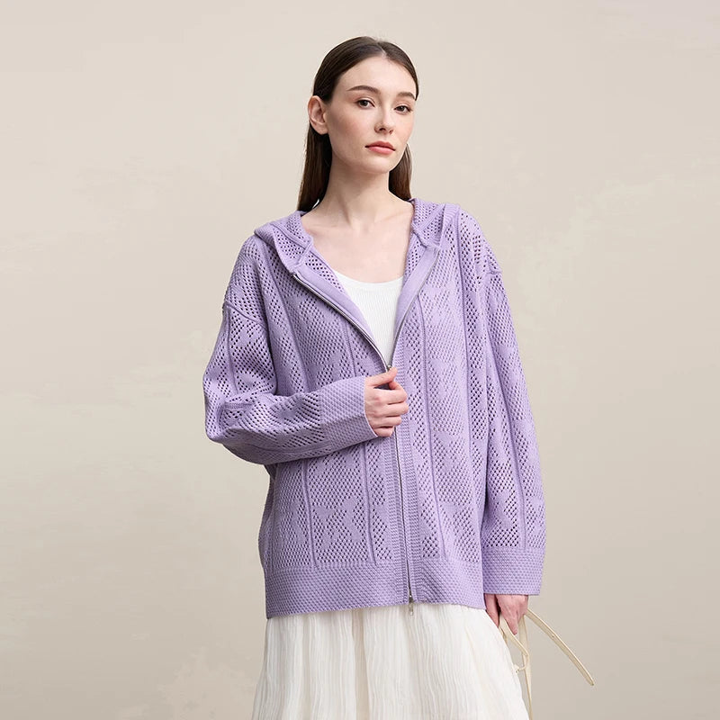 Damen-Strickjacke Kapuze Jacquard Hohlstrick Doppelreißverschluss locker Frühling