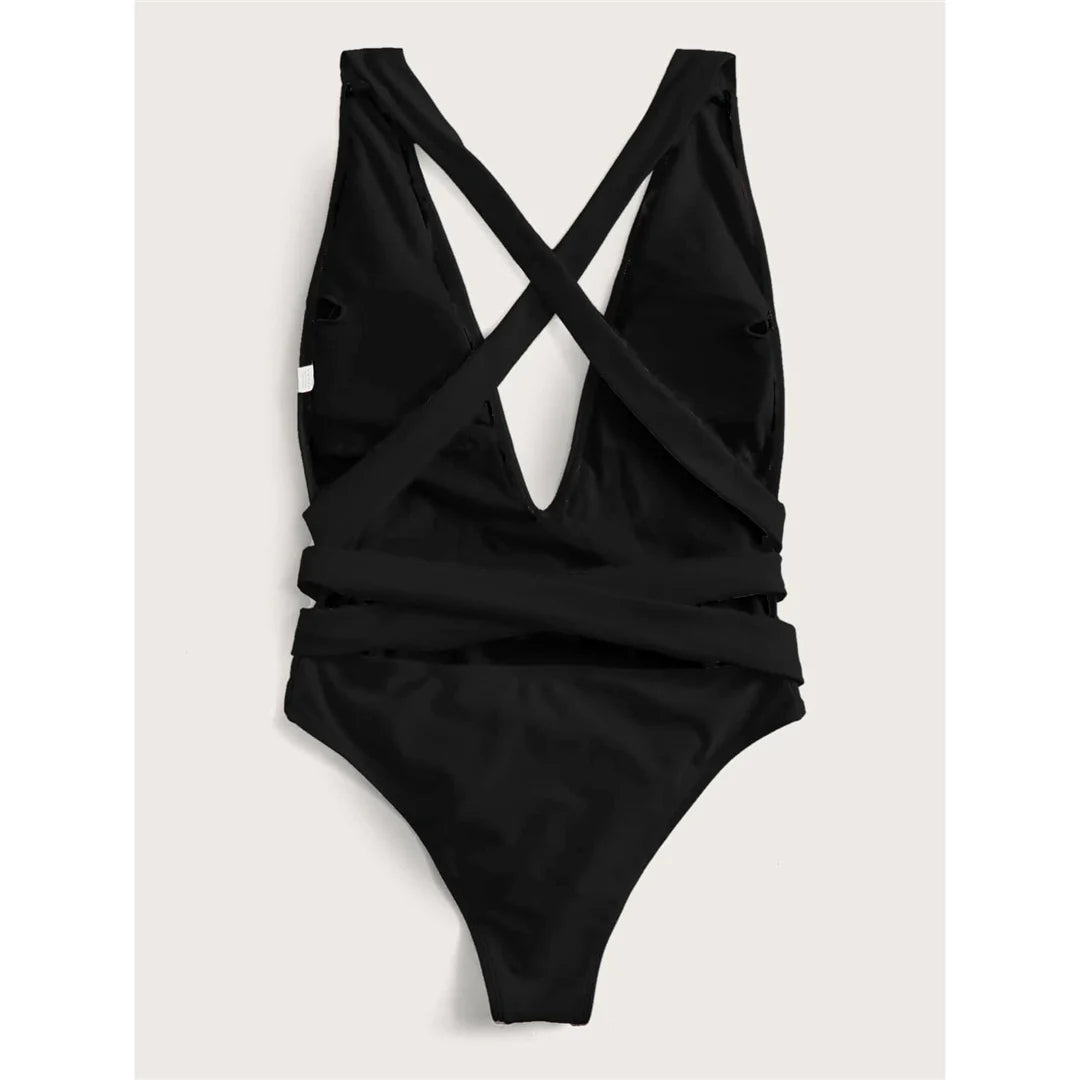 Damen-Badeanzug tiefer V-Ausschnitt Wickel Verband rückenfrei Monokini