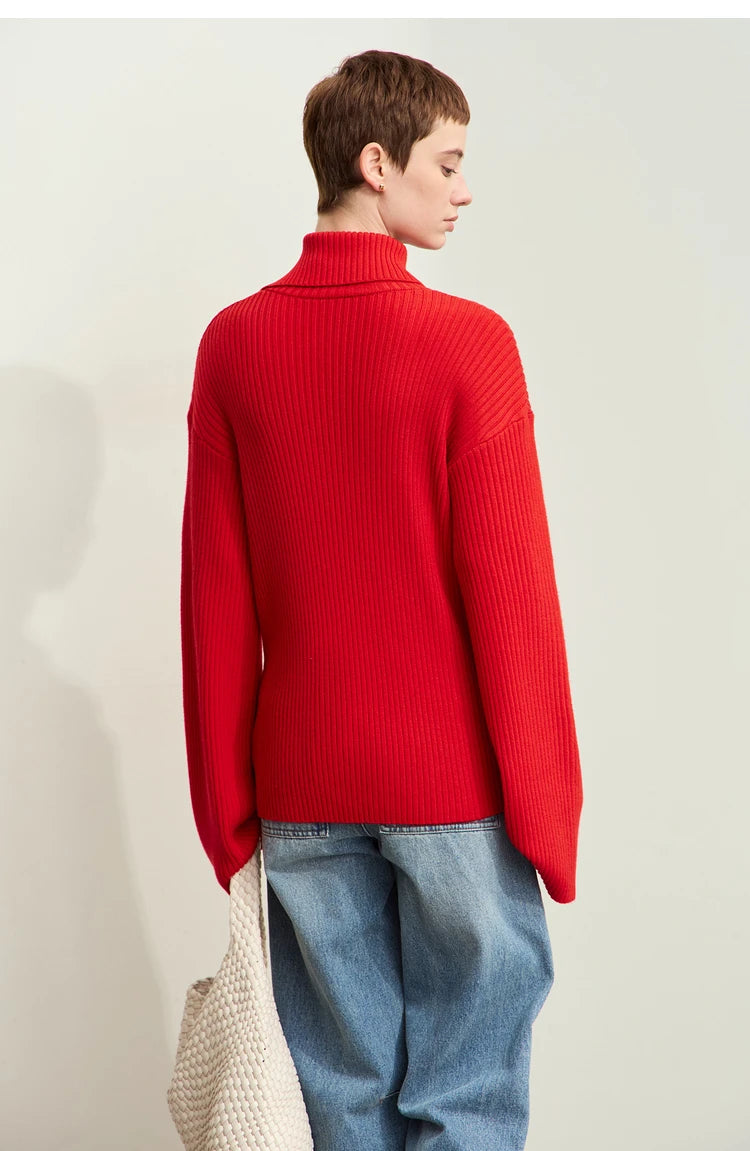Roter Strickpullover mit geripptem Rücken, lockerem Stehkragen und langen Ärmeln