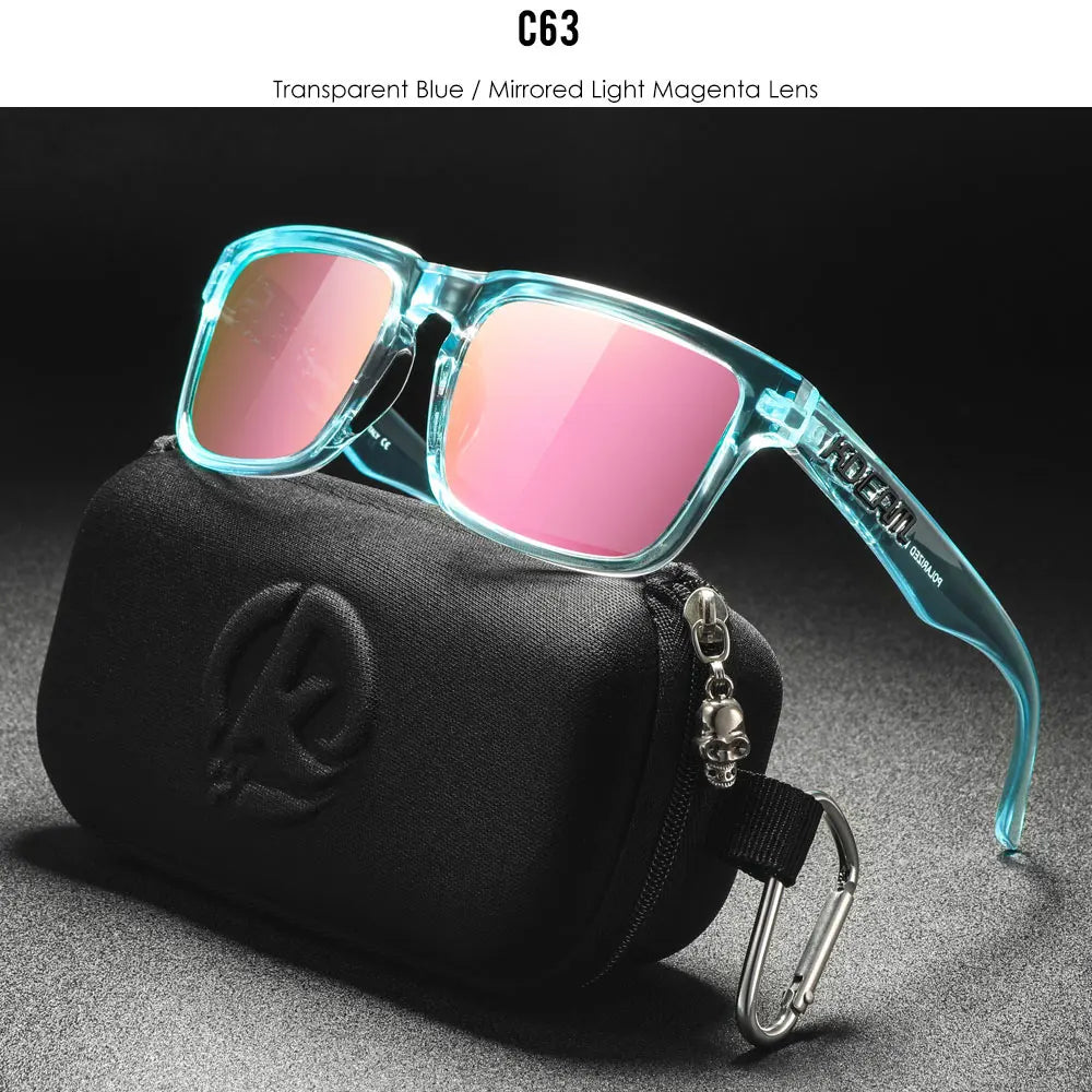 Sonnenbrille mit Etui, transparente blaue Fassung, rosafarbene verspiegelte Linsen