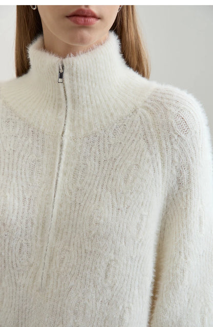 Damen-Rollkragenpullover Reißverschluss Nerz-Optik locker Winter