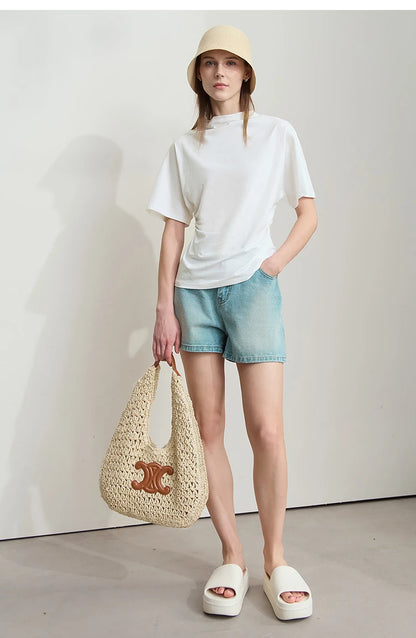 Damen T-Shirt im minimalistischen Sommer-Stil mit solidem Rollkragen und Kurzarm