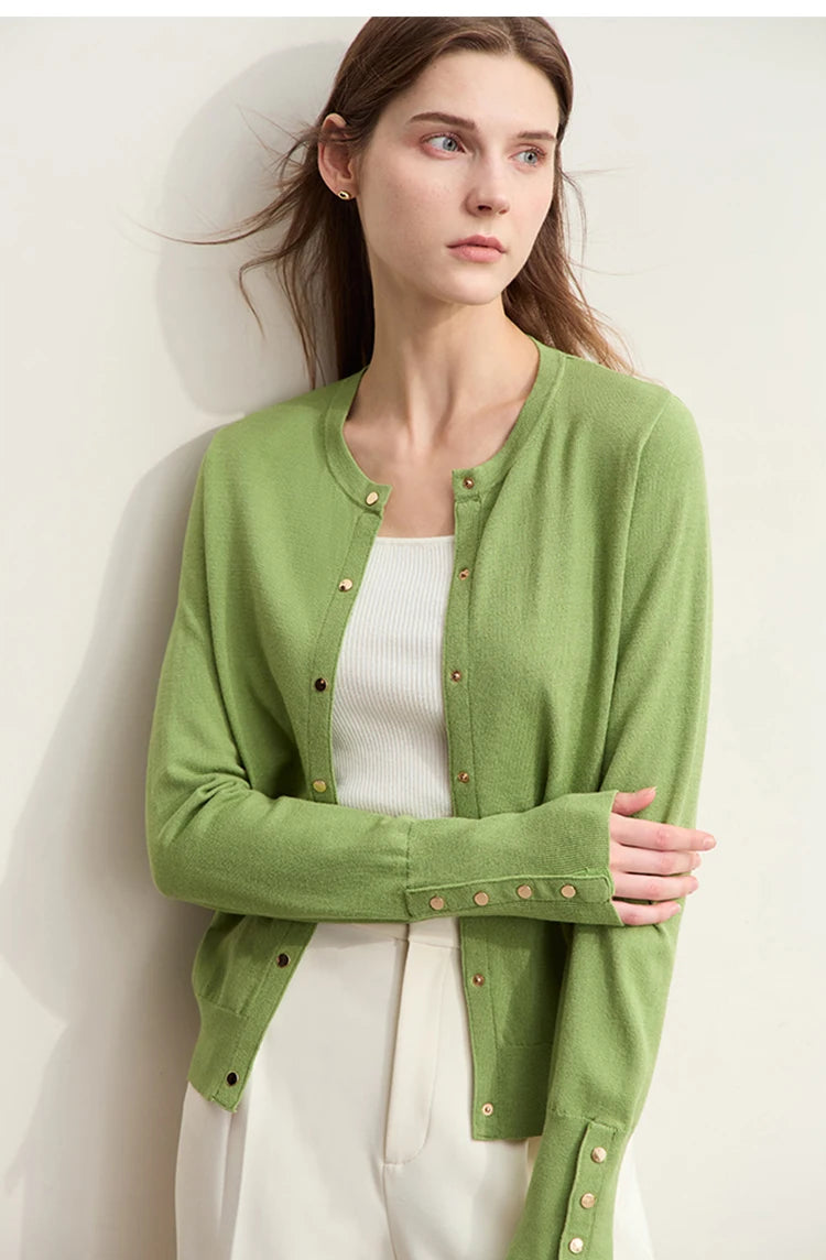 Damen-Strickjacke Rundhals Wolle Metallknopf französisch Büro Frühling