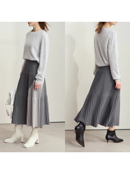 Damen Strickrock mit elastischem Bund, plissiert, grauer Stoff mit hellem Diagonalstreifen