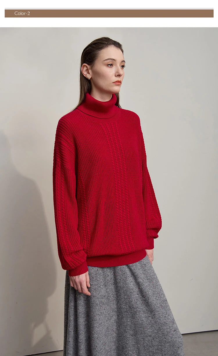 Damen-Rollkragenpullover Wolle lang locker Retro Winter