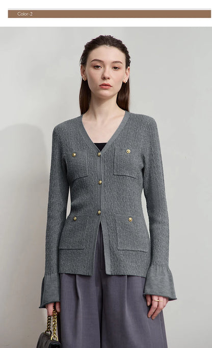 Damen-Strickjacke V-Ausschnitt einfarbig gerade Langarm vielseitig Herbst