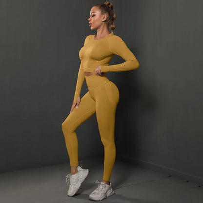 Nahtloses Yoga-Set mit Crop-Top und Leggings, senfgelb