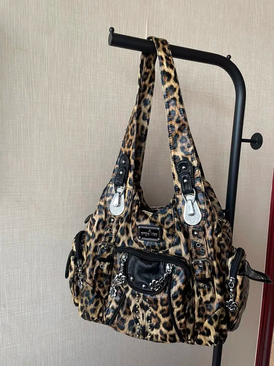 Damen-Schultertasche Leopardenmuster Großes Fassungsvermögen aus PU-Leder mit Reißverschluss