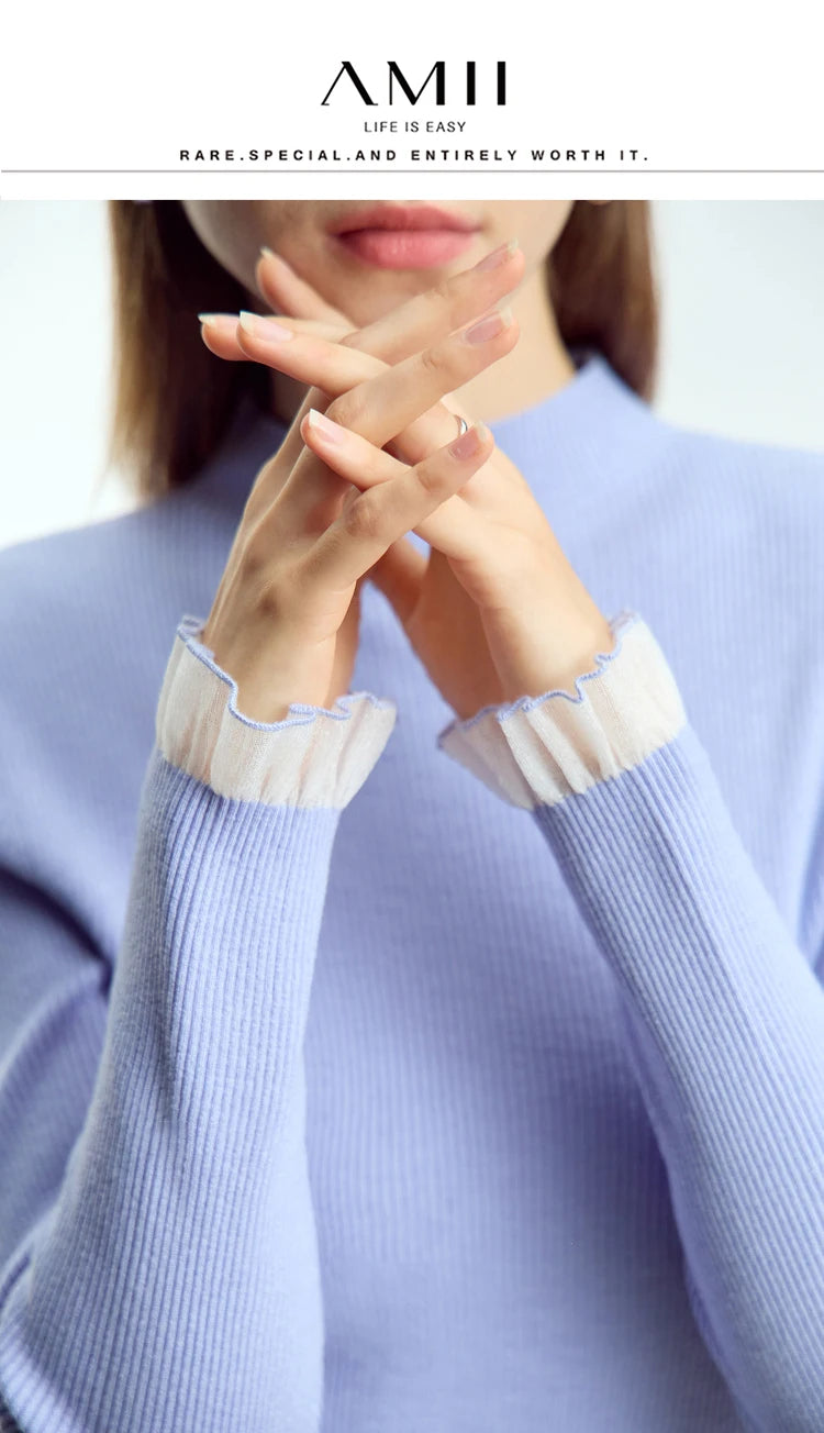 Damen-Strickpullover mit Stehkragen, hellblau, gerippte Ärmelabschlüsse