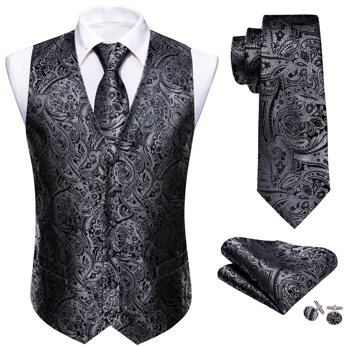 Grau-schwarzes Herrenweste-Set mit Paisley, Krawatte und Einstecktuch, inkl. Manschettenknöpfe
