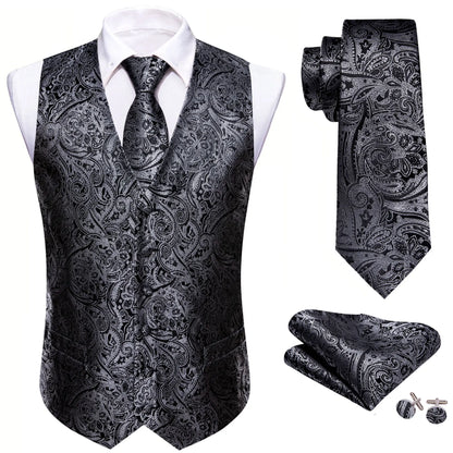 Seidenweste-Set für Herren: schwarze Weste mit grauem Paisley, inkl. Krawatte & Einstecktuch.