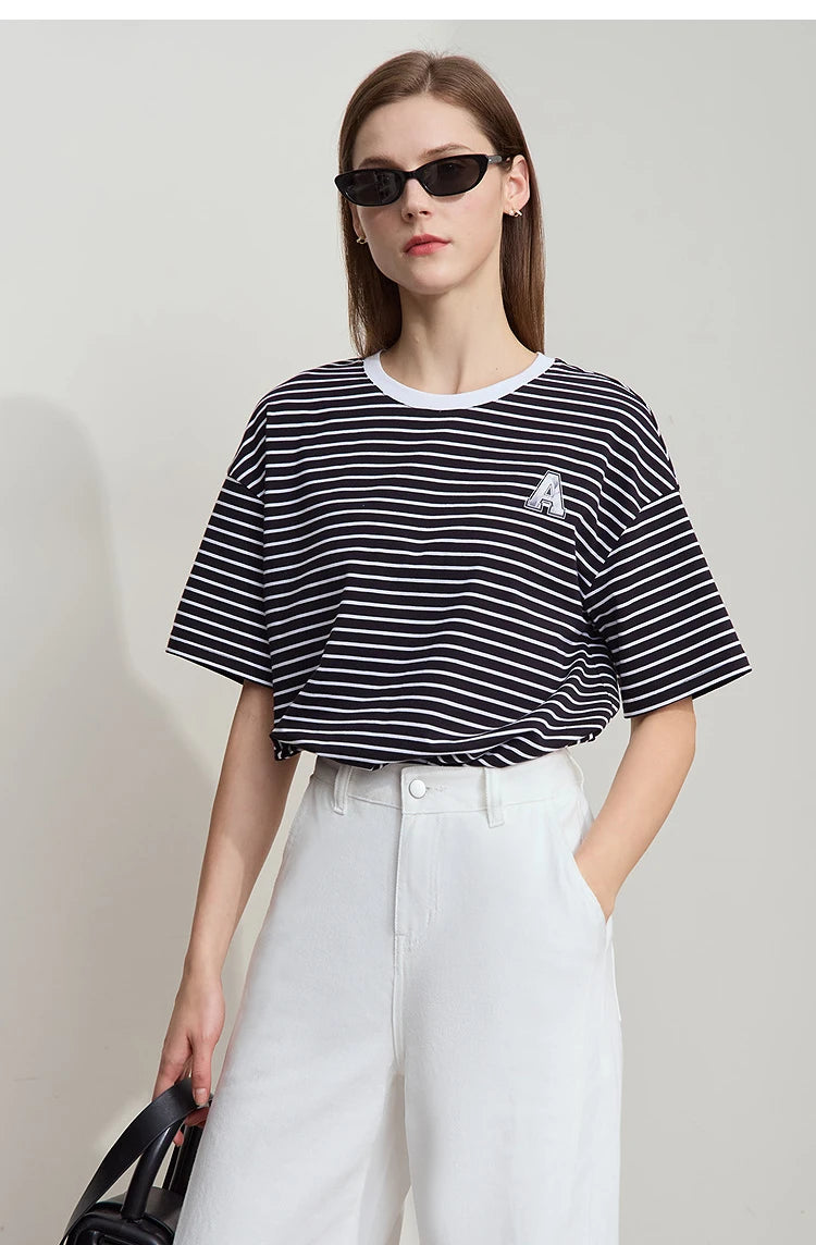 Damen T-Shirt aus reiner Baumwolle mit lässigem Streifenmuster und kurzen Ärmeln