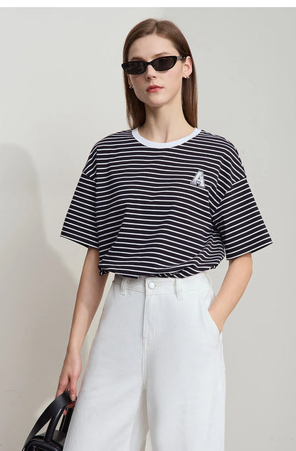 Damen T-Shirt aus reiner Baumwolle mit lässigem Streifenmuster und kurzen Ärmeln