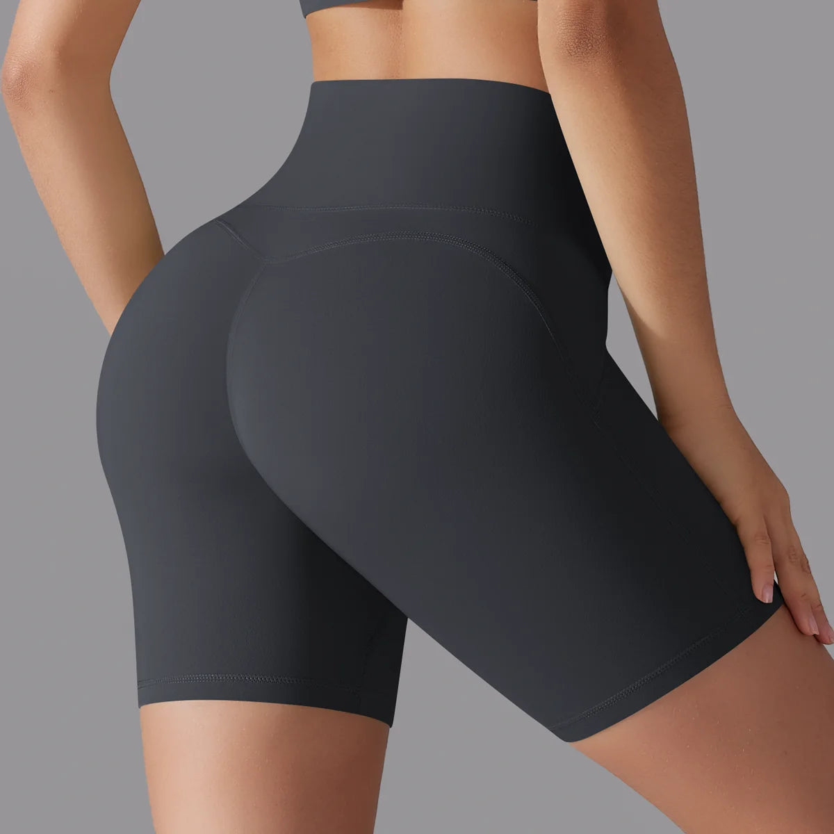 Yoga-Shorts mit hoher Taille, schwarz, formende Po-Nähte, kurz