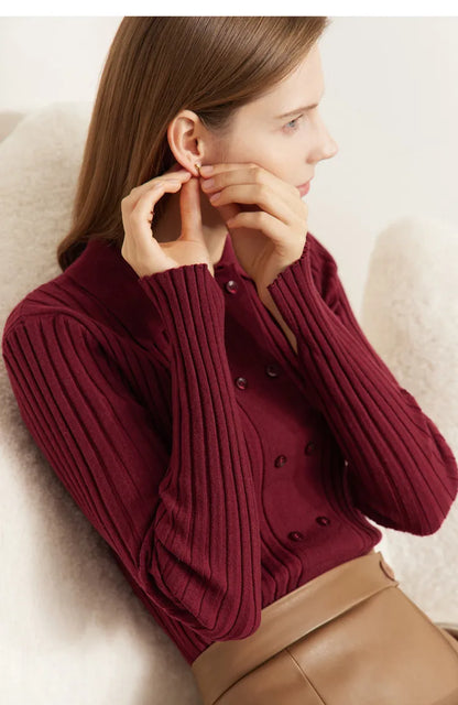 Damen-Strickjacke Polokragen Slim doppelreihig Wolle-Mix Frühling-Herbst