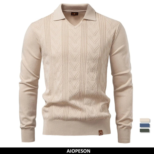 Herren-Langarmpolohemd mit V-Ausschnitt und Strickstruktur, apricot-beige