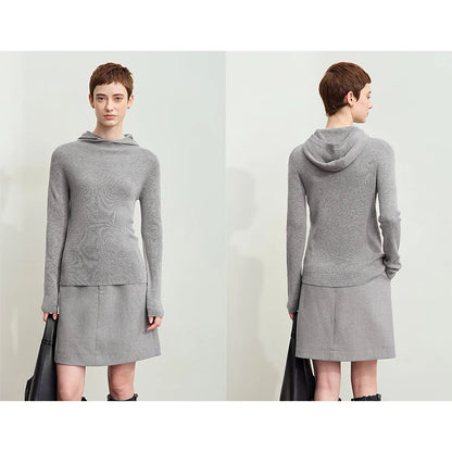 Damen-Kapuzenpullover Wolle-Polyester nahtlos gerade einfarbig Herbst