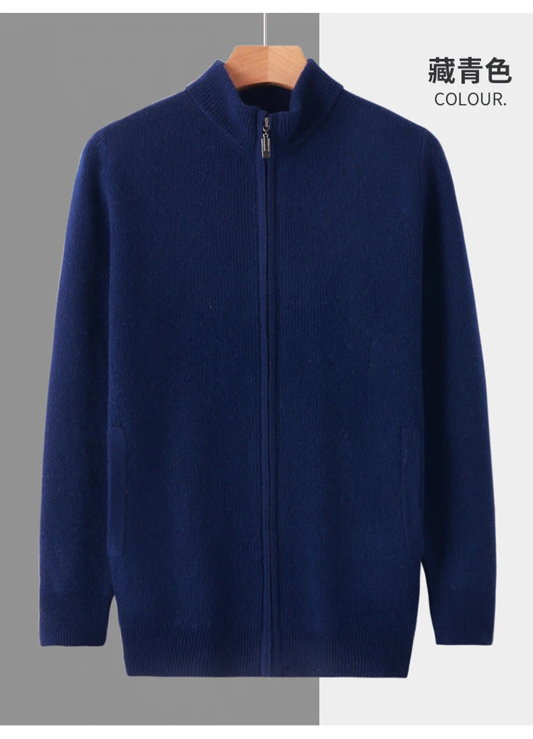 Stehkragen Reißverschluss Strickjacke Pullover Herrenmantel Business Casual Herbst Winter neue reine Wolle Strickjacke Männer Doppeltaschen