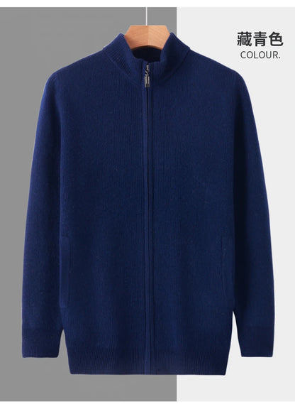 Stehkragen Reißverschluss Strickjacke Pullover Herrenmantel Business Casual Herbst Winter neue reine Wolle Strickjacke Männer Doppeltaschen