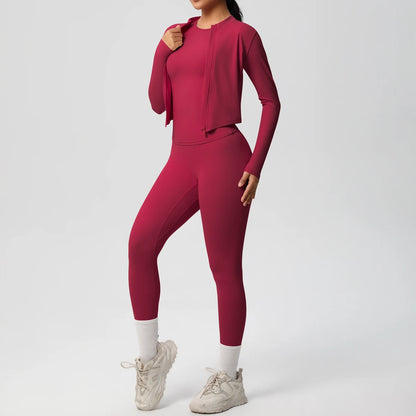 Damen-Yoga-Set in Dunkelrot: High-Waist Leggings und langärmliges Top mit Reißverschluss
