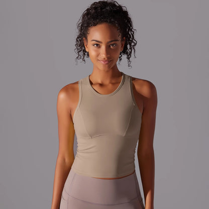 Beiges Yoga-Tanktop für Damen, ärmellos, Rundhalsausschnitt, tailliert