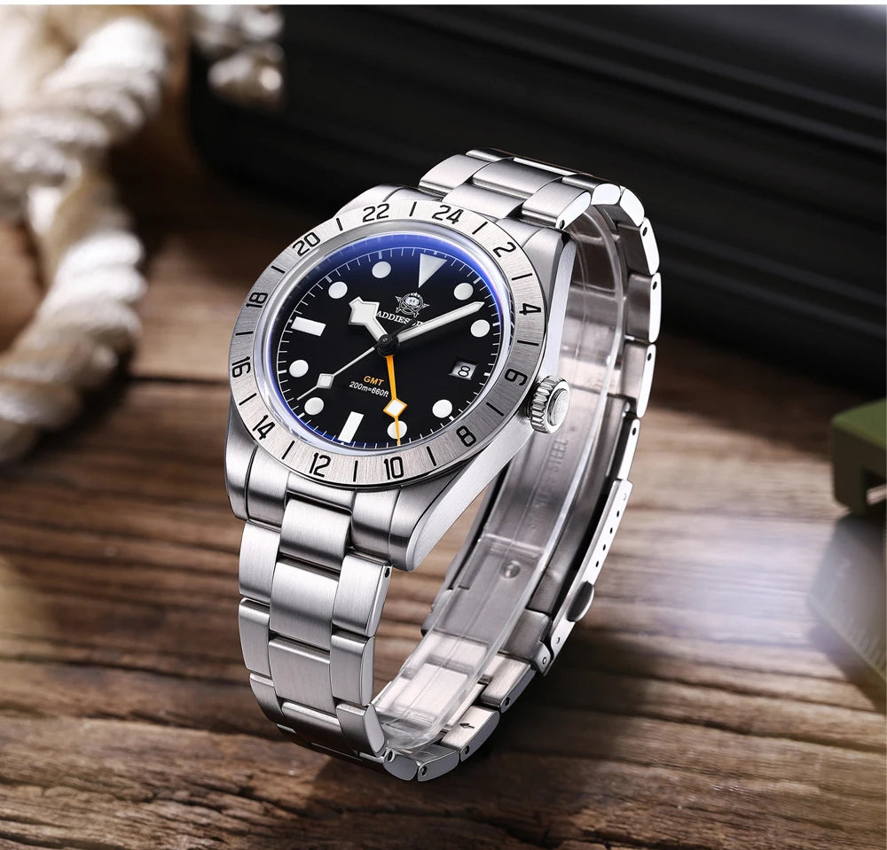 Herren GMT Luxus-Quarzuhr 200m Edelstahl BGW9 Super Leuchtzeiger