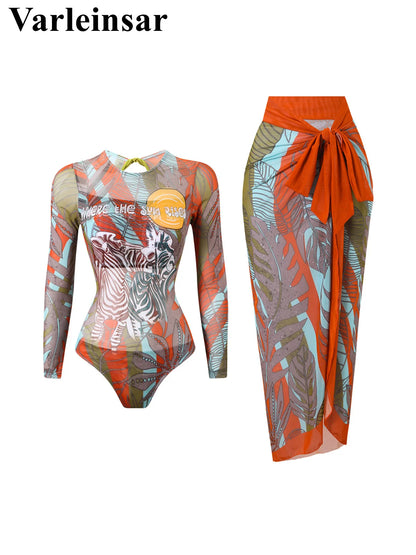 Damen-Badeanzug Blumen Langarm Sarong einteilig gepolstert
