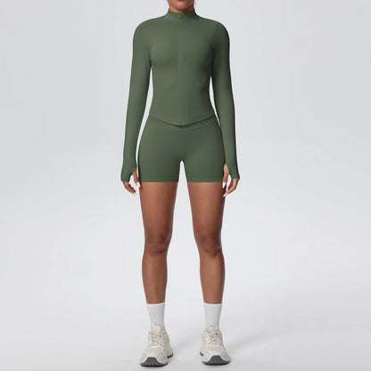 Damen-Yoga-Set mit hochtaillierter Shorts und langärmligem Zip-Top, olivgrün