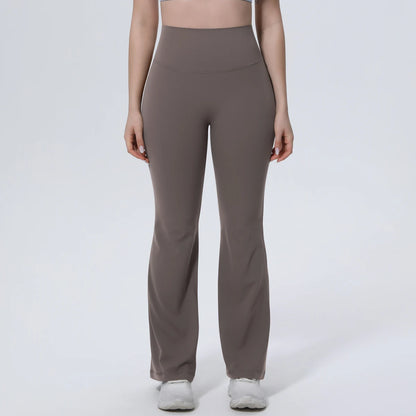 Braune Damen-Sporthose mit hohem Bund, geradem weitem Bein für Yoga