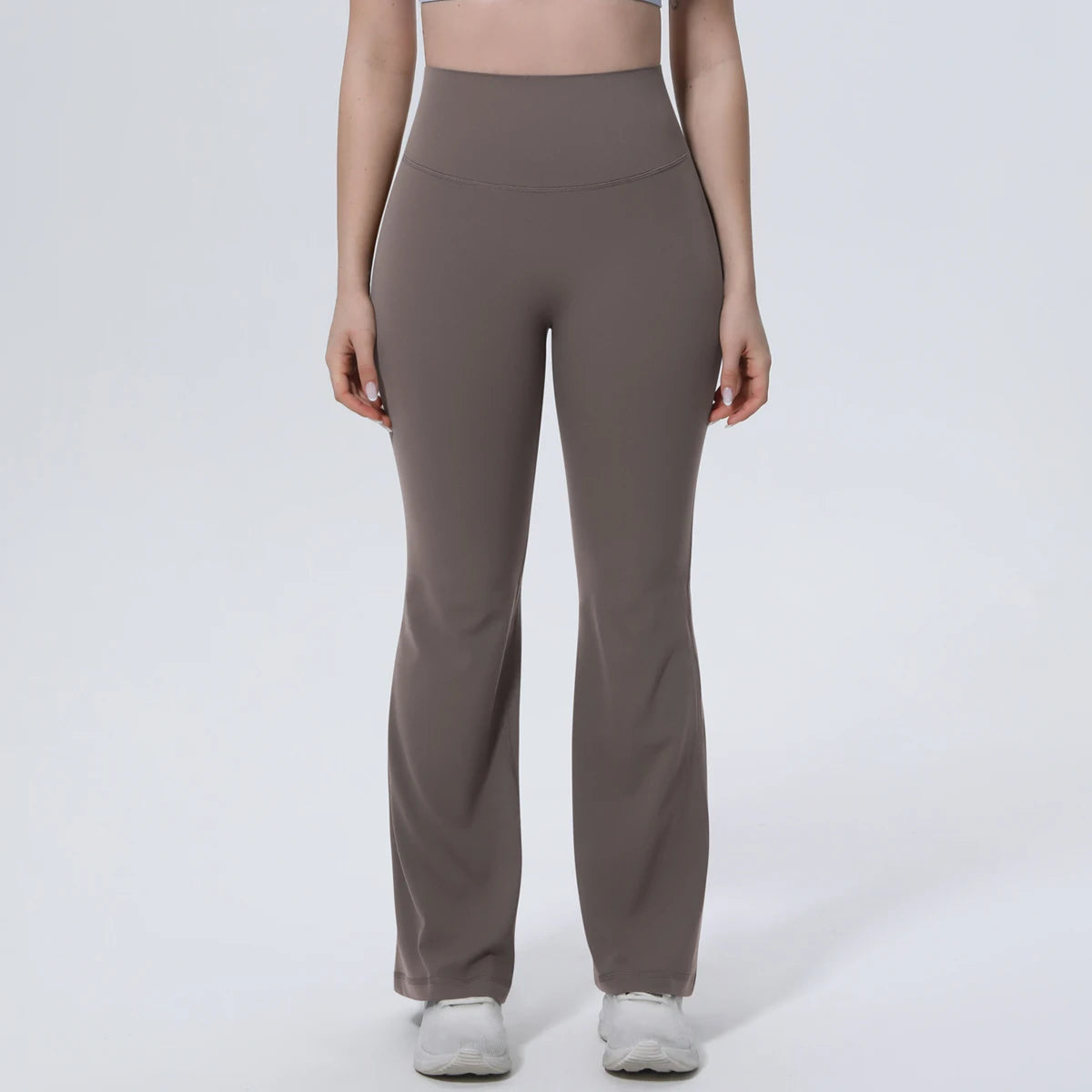 Damen-Sporthose mit hohem Bund, weites Bein, kaffeebraun