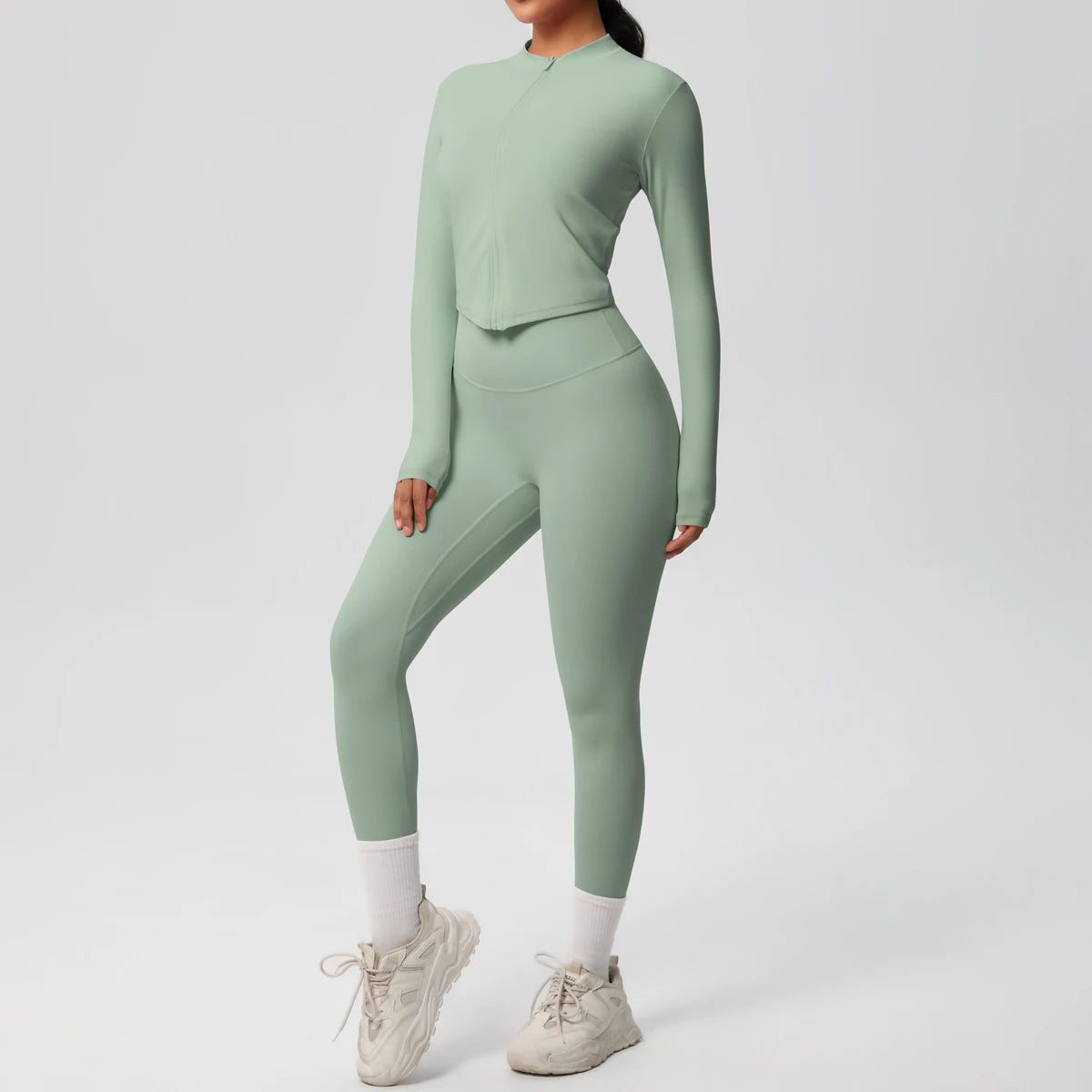 Damen Yoga-Set 2-teilig, grün, Langarmshirt mit Reißverschluss und Leggings im Slim-Fit