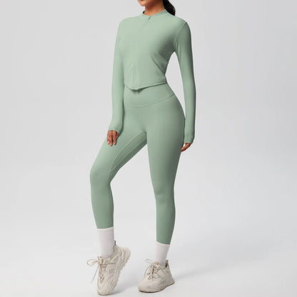Damen Yoga-Set 2-teilig, grün, Langarmshirt mit Reißverschluss und Leggings im Slim-Fit
