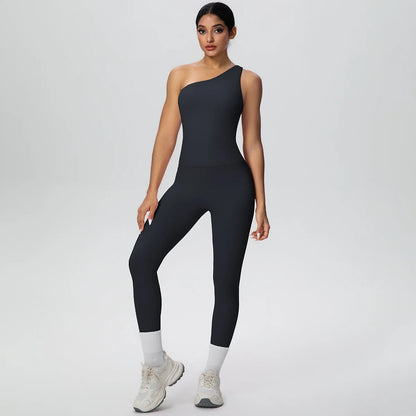 Dunkles Yoga-Set mit High-Waist-Leggings und Sport-BH mit breiten Trägern