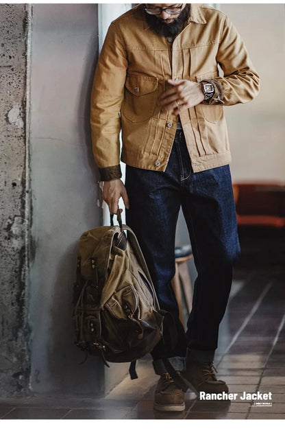 Herren Jeansjacke Vintage schwere Canvas Rancherjacken mit Kragen und Taschen