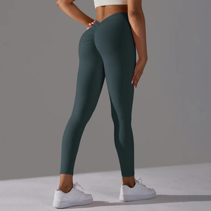 Nahtlose Leggings Dunkelgrün, hohe Taille, lang, eng anliegend