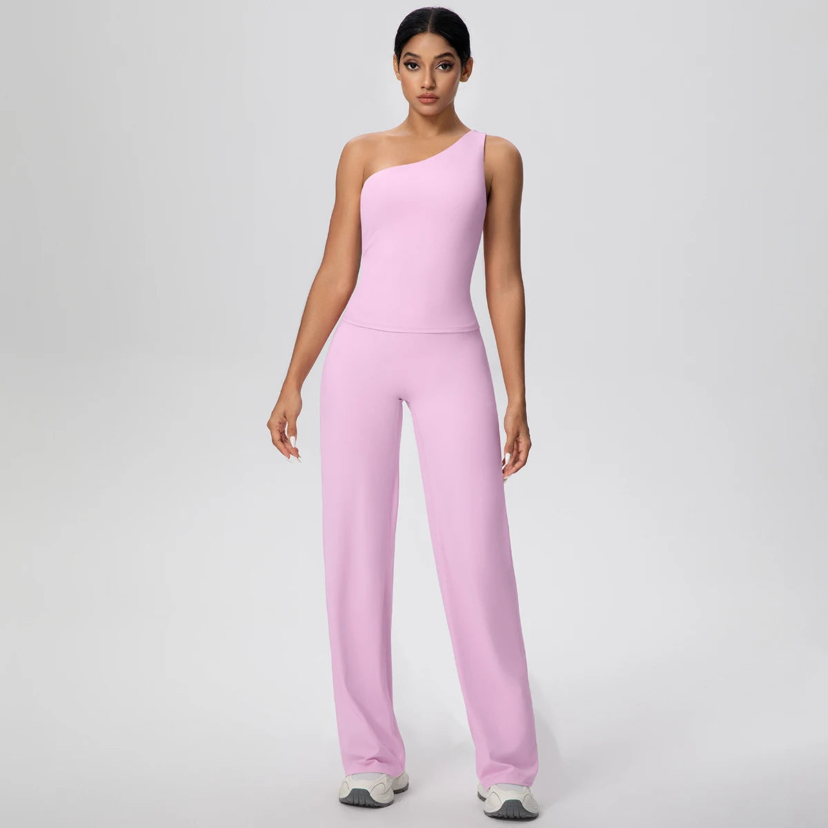 Hellrosa Yoga-Set für Damen: ärmelloses Top mit Brustpolster, lange Hose