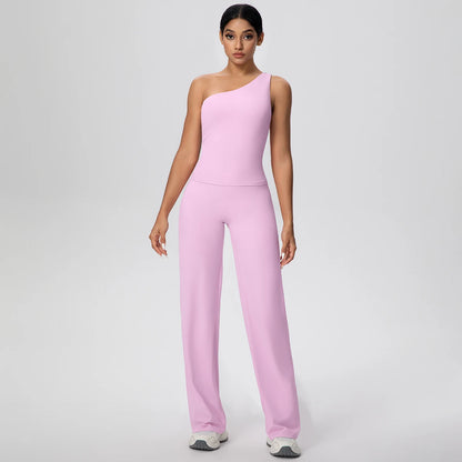 Hellrosa Yoga-Set für Damen: ärmelloses Top mit Brustpolster, lange Hose