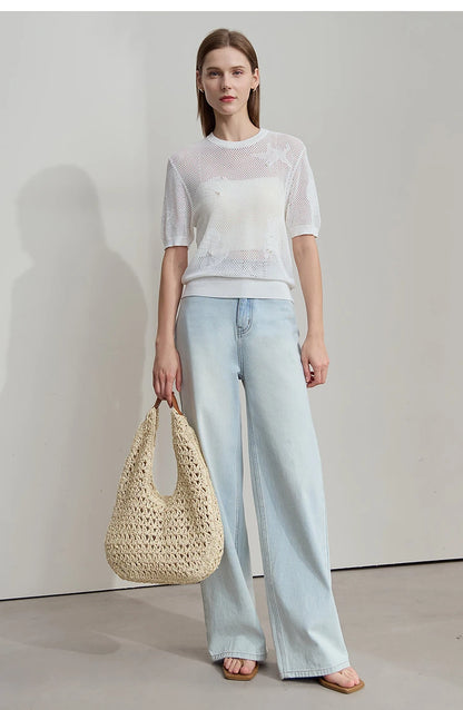 Damen Top im minimalistischen Ozean-Stil mit Perlenbesatz und durchbohrten Löchern