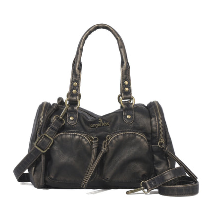 Damen-Handtasche Mit Top-Griff Und Reißverschluss Aus PU-Leder In Vintage-Optik Und Viel Stauraum