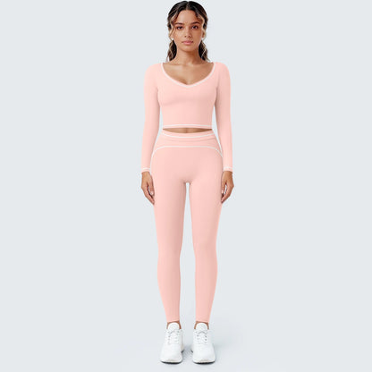 Damen-Yoga-Set hellrosa: Langarmshirt mit V-Ausschnitt und Leggings mit Cut-out-Bund