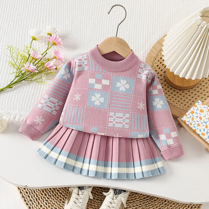 Mädchen Kleidung Set mit O-Neck Stricken Tops und Falten Röcken