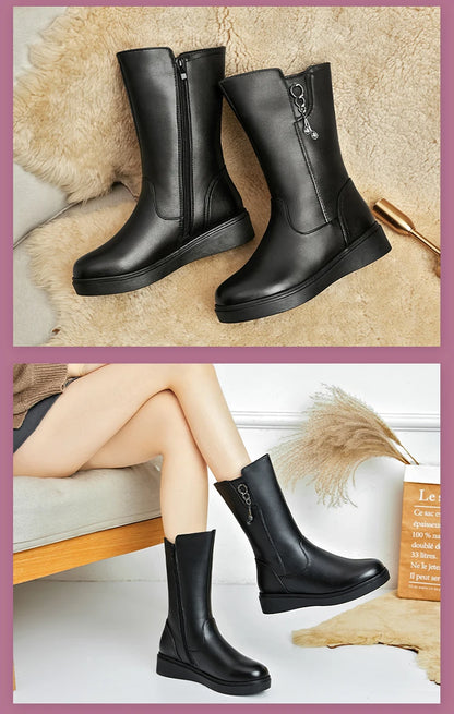AIYUQI Women's Winter Boots Wool 2025  New Large Size 41 42 43 Women's Snow Boots Wool Flat Women's Mid-Boots