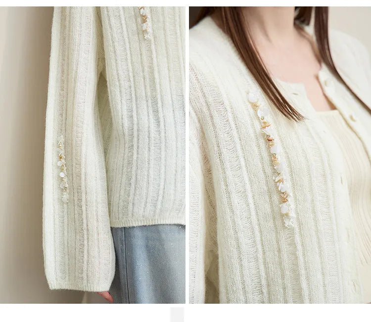 Damen-Strickjacke Rundhals Wolle locker überschnittene Schulter einreihig Frühling