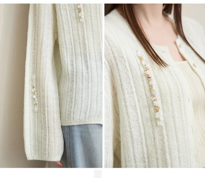 Damen-Strickjacke Rundhals Wolle locker überschnittene Schulter einreihig Frühling
